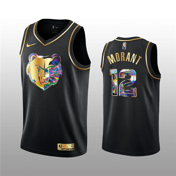 Men's Memphis Grizzlies #12 Ja Morant 2021/22 Black Golden Edition 75th Anniversary Diamond Logo Stitched Basketball Jersey Men's Memphis Grizzlies #12 Ja Morant 2021/22 Black Golden Edition 75th Anniversary Diamond Logo Stitched Basketball Jersey